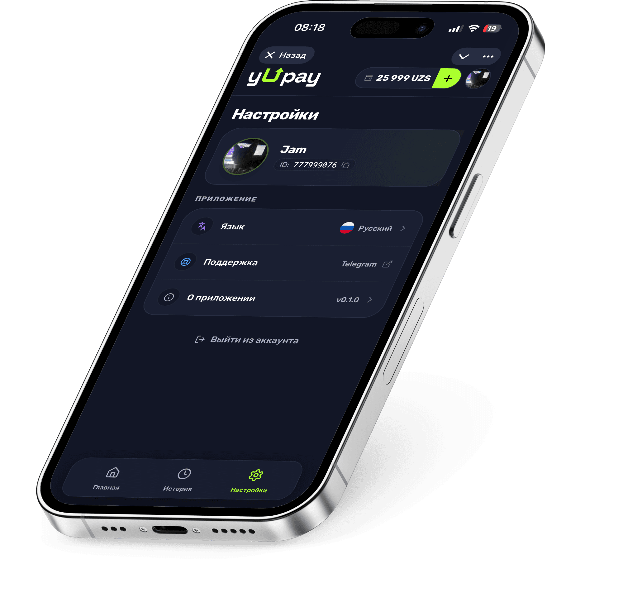 Экран настроек приложения yupay